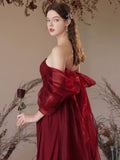 Simple Off Shoulder Satin Burgundy Long Prom Dress, Burgundy Evening Dress