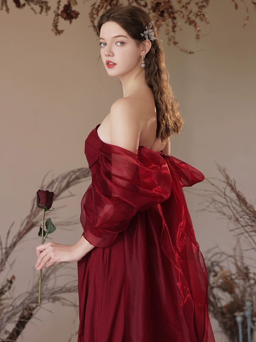 Simple Off Shoulder Satin Burgundy Long Prom Dress, Burgundy Evening Dress