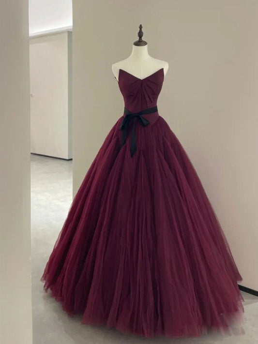 A line burgundy tulle long prom dress, burgundy evening dress