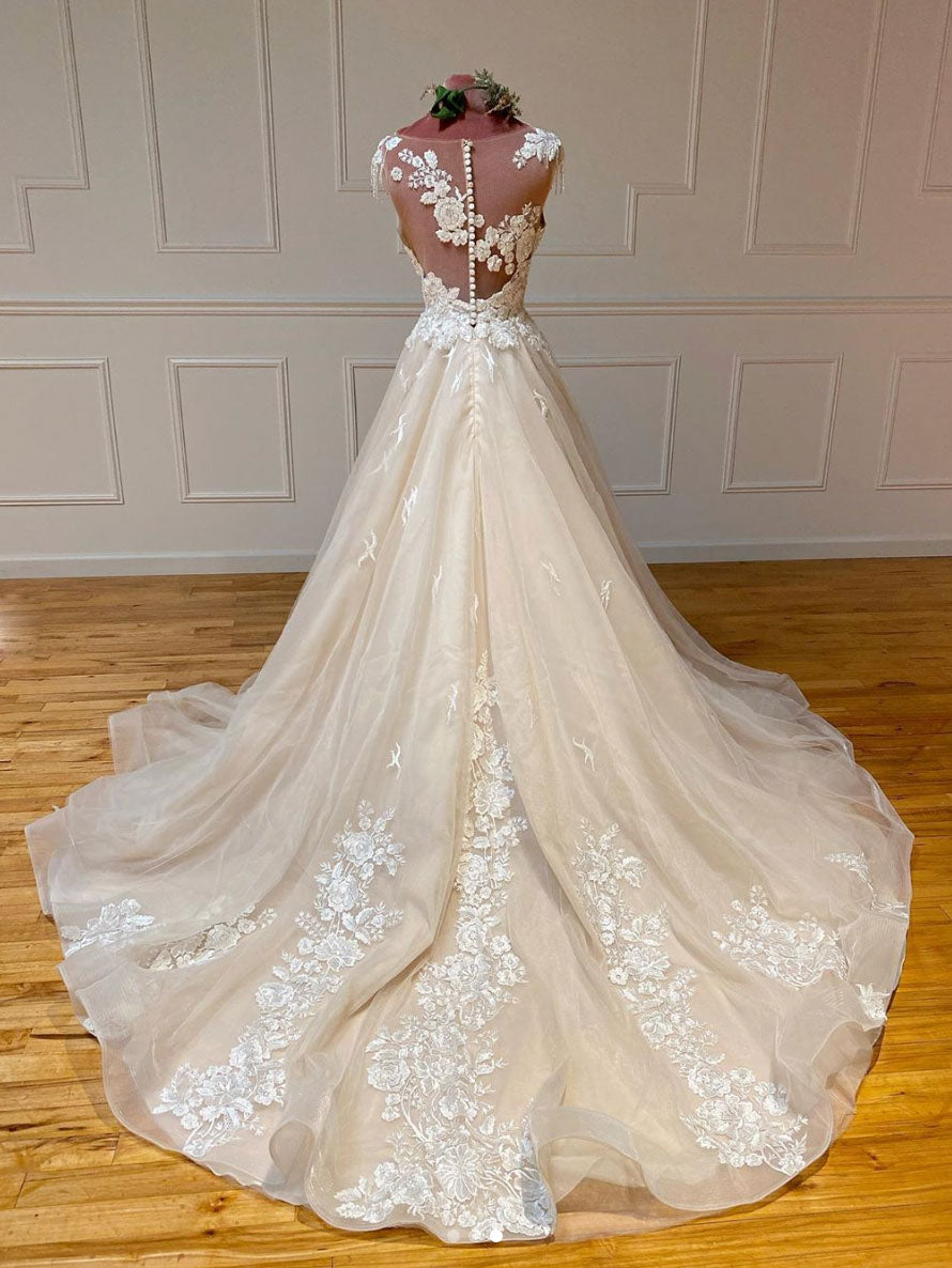 Champagne round neck tulle lace long prom dress lace formal dress