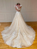 Champagne round neck tulle lace long prom dress lace formal dress