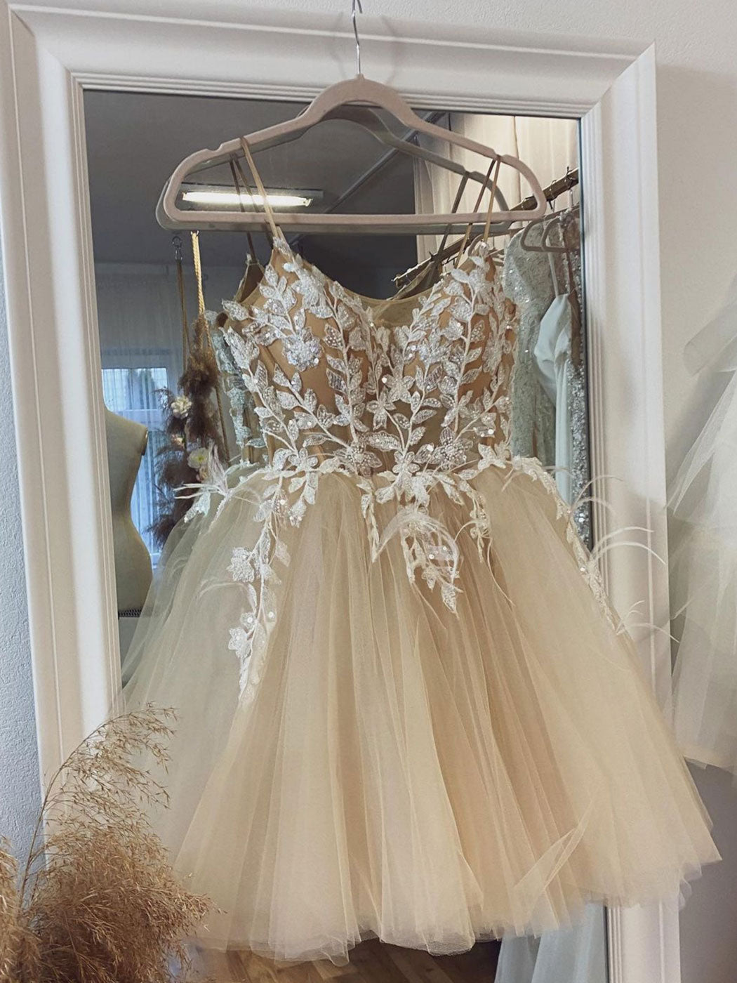 Champagne tulle lace short prom dress, lace homecoming dress