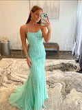 Green tulle lace mermaid long prom dress, green tulle formal dress