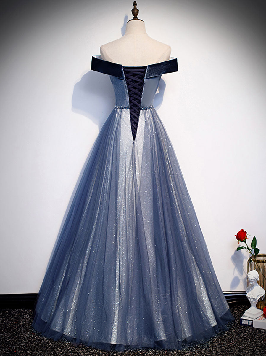Blue off shoulder tulle long prom dress, blue tulle formal dress