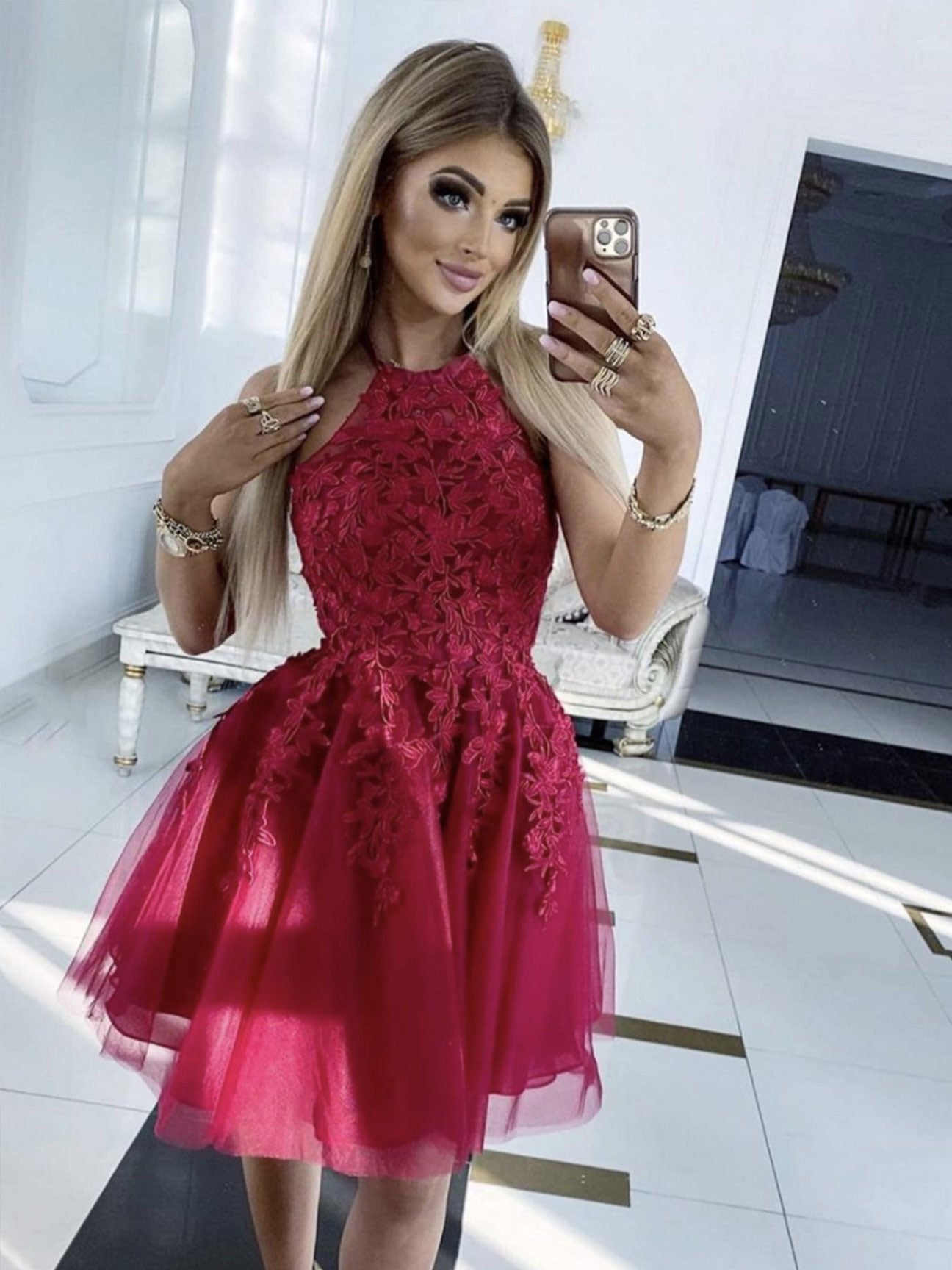 Blue tulle lace short prom dress, blue lace homecoming dress