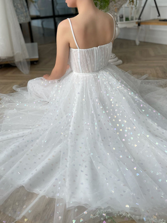 White sweetheart neck tulle tea length prom dress, white evening dress
