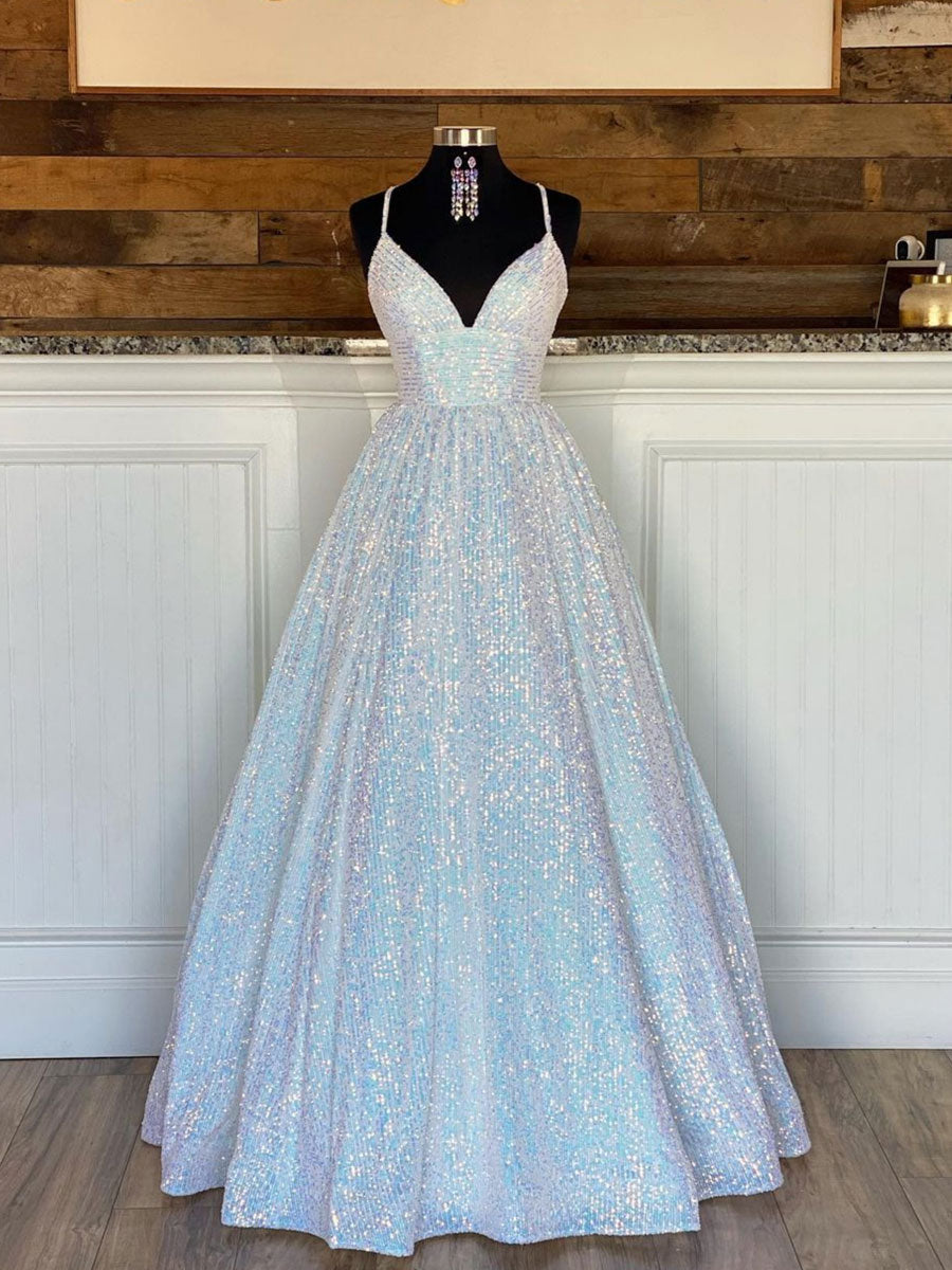 Simple  v  neck sequin long prom dress, sequin evening dress