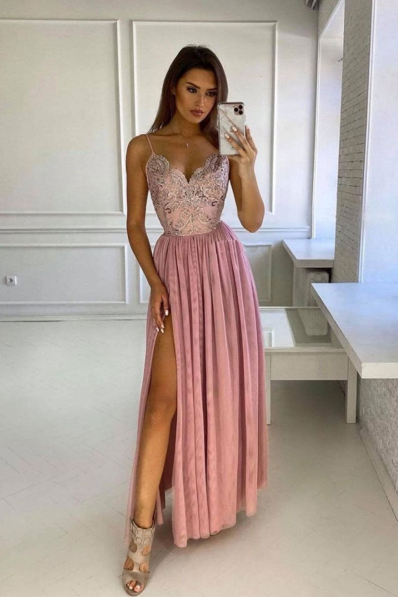 Pink v neck lace long prom dress pink bridesmaid dress