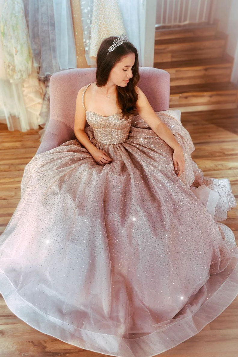 Pink sweetheart tulle sequin long prom dress tulle formal dress
