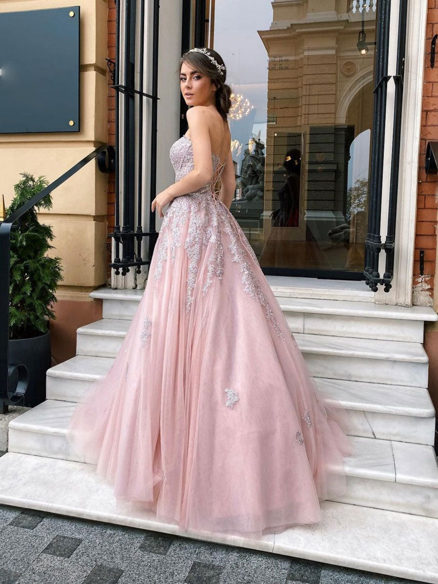 Pink tulle lace long prom dress, pink tulle lace evening dress