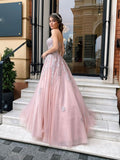 Pink tulle lace long prom dress, pink tulle lace evening dress