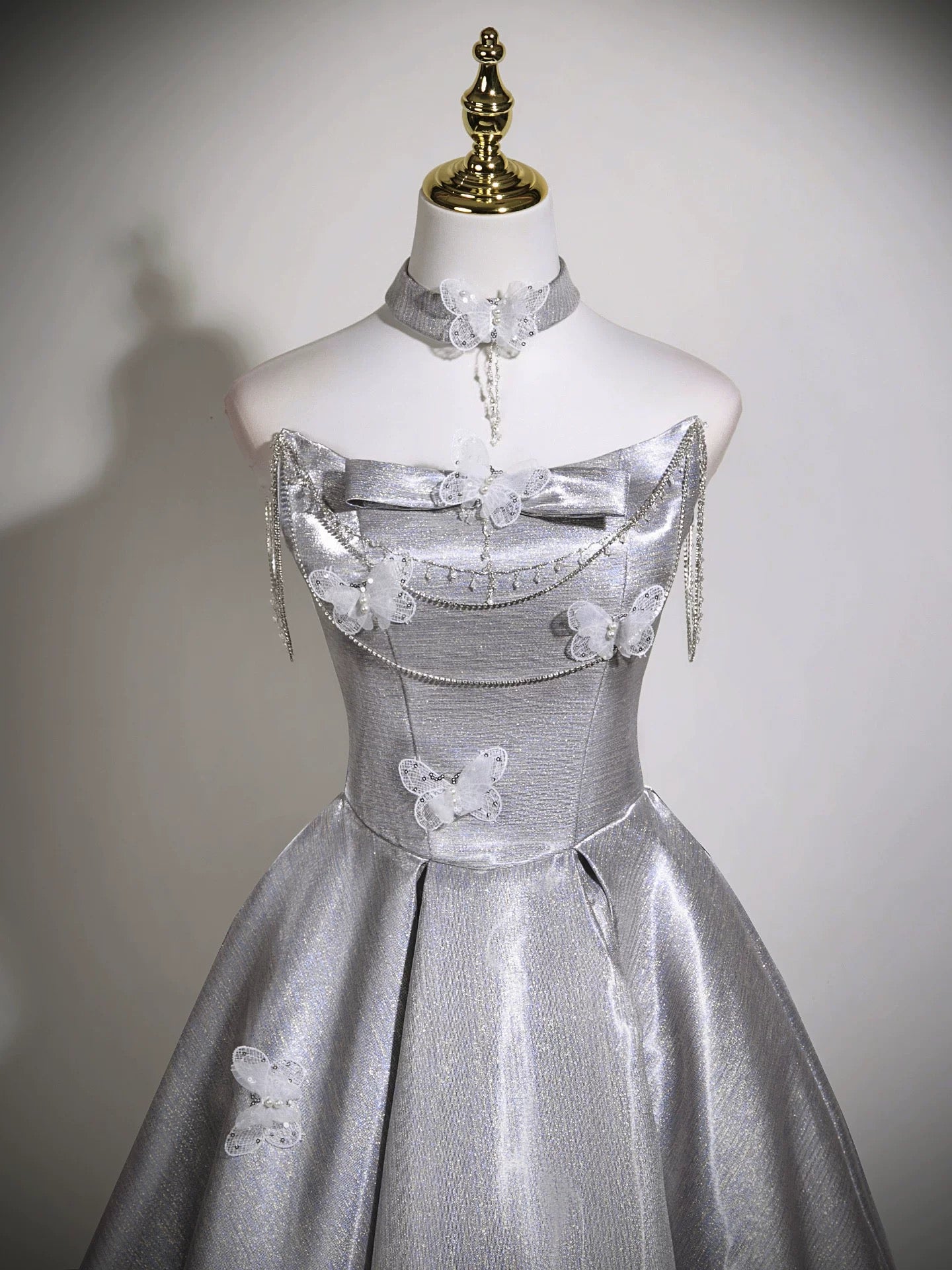 A-Line Off Shoulder Satin Gray Long Prom Dress, Gray Long Formal Dress