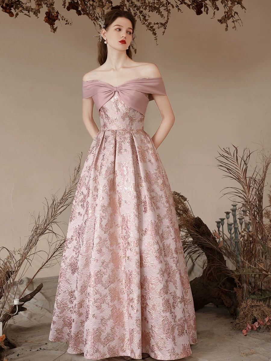 A-Line Off Shoulder Satin Pink Long Prom Dress, Pink Long Evening Dress
