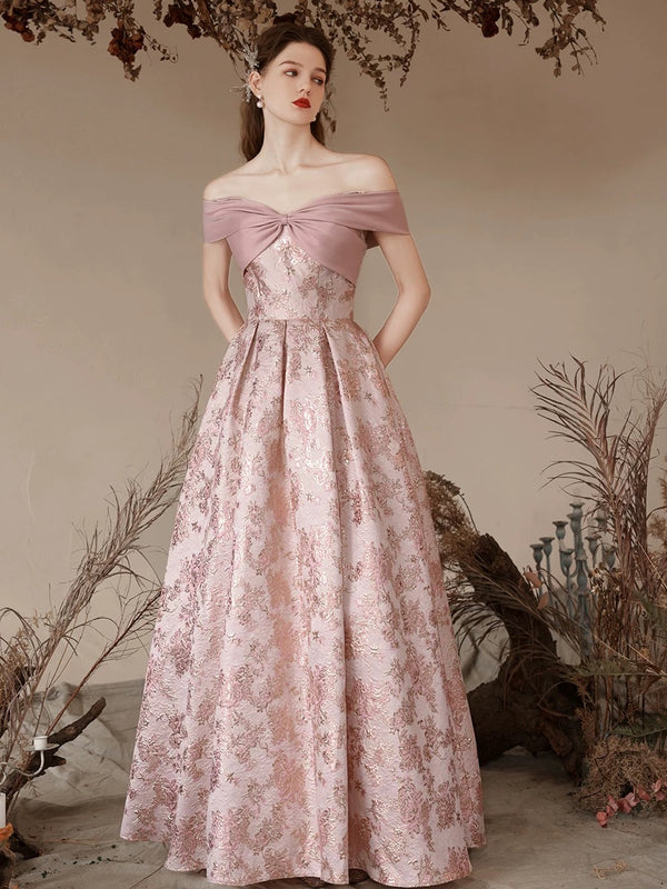 A-Line Off Shoulder Satin Pink Long Prom Dress, Pink Long Evening Dress