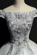 Gray tulle lace off shoulder long prom dress, gray evening dress