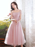 Pink A-Line Tea Length Prom Dress, Pink Tulle Formal Evening Dress