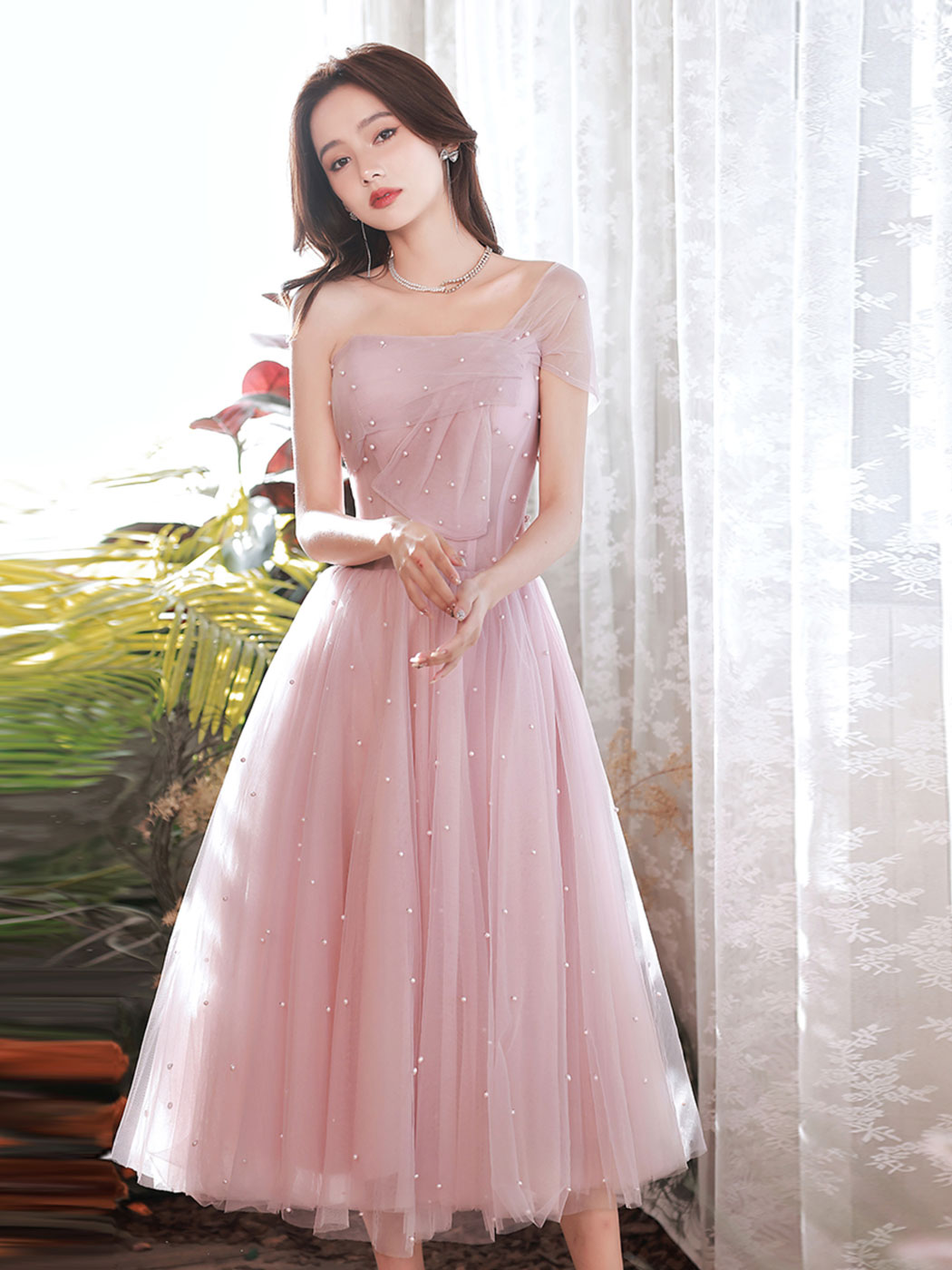 Pink A-Line Tea Length Prom Dress, Pink Tulle Formal Evening Dress