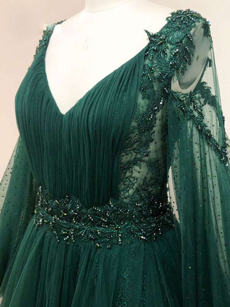Green v neck lace A line long prom dress, green tulle evening dress