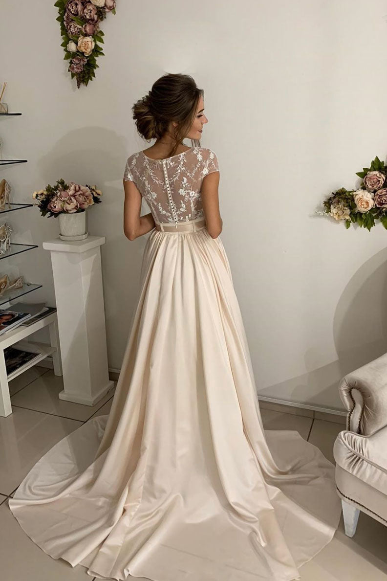 Champagne lace satin long prom dress, lace evening dress