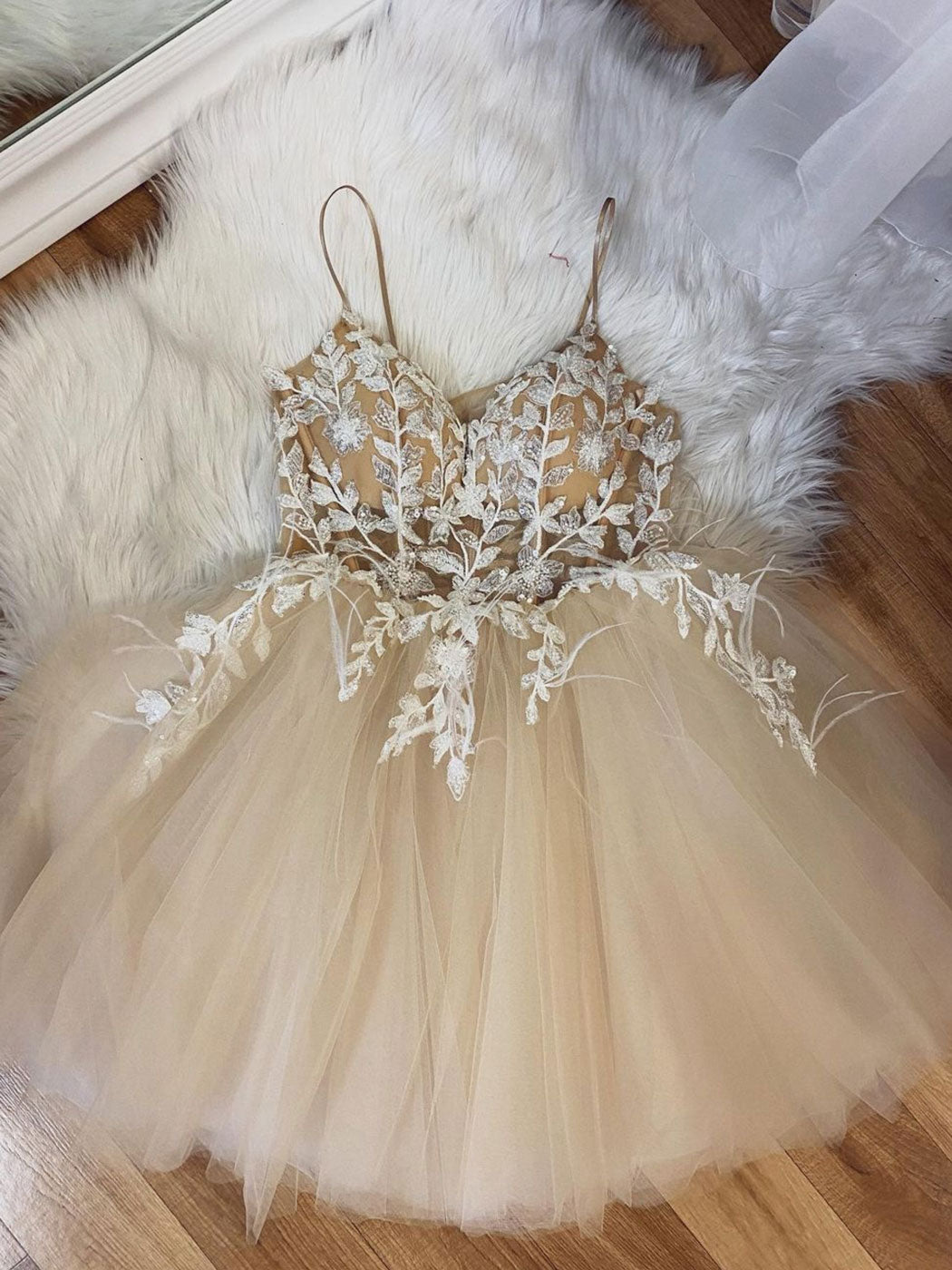 Champagne tulle lace short prom dress, lace homecoming dress