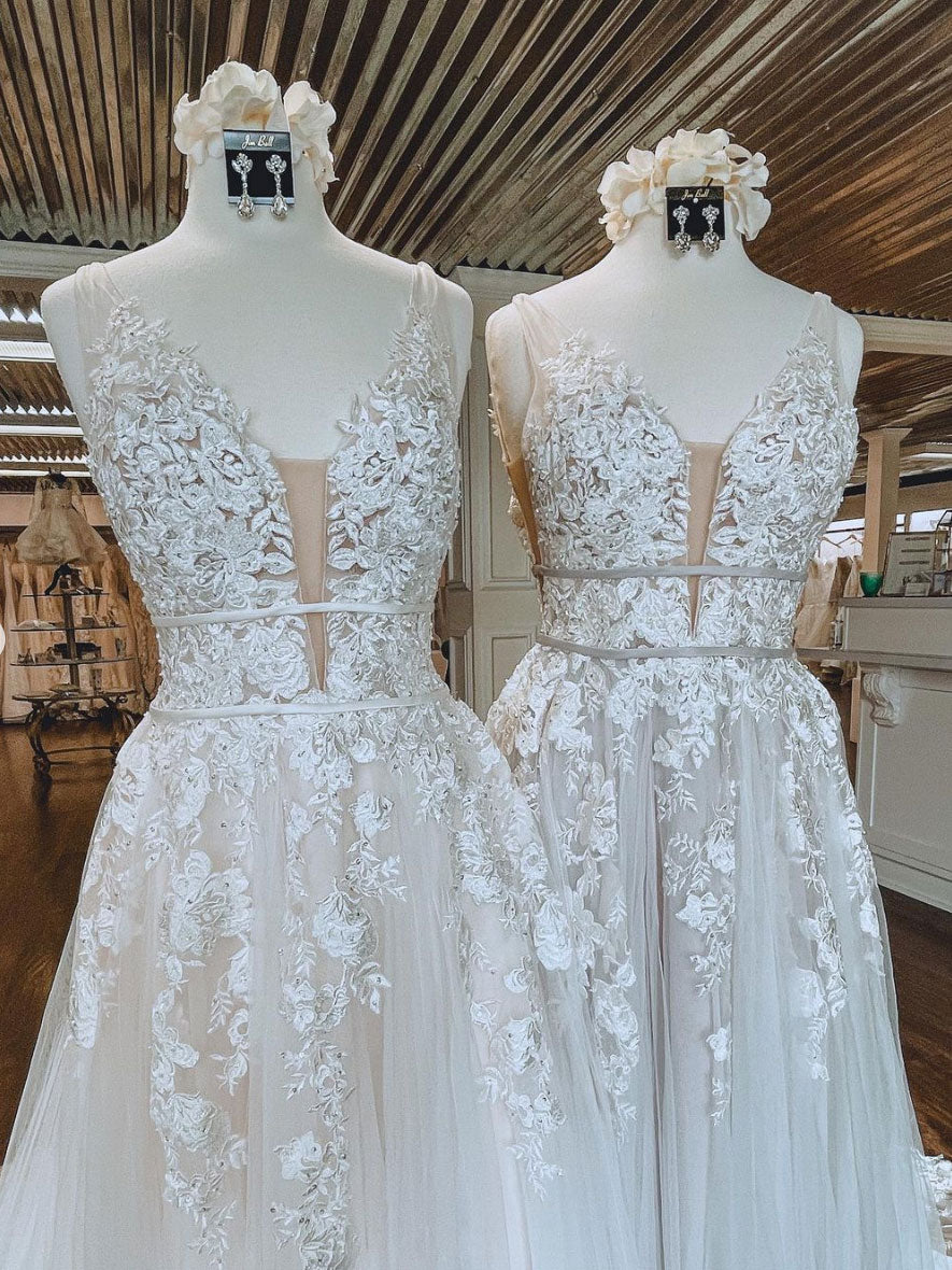 Light champagne v neck tulle lace long prom dress lace formal dress