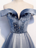 Blue off shoulder tulle long prom dress, blue tulle formal dress