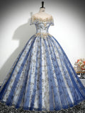 A-Line Round Neck Tulle Sequin Lace Blue Long Prom Dress, Blue Long Formal Dress