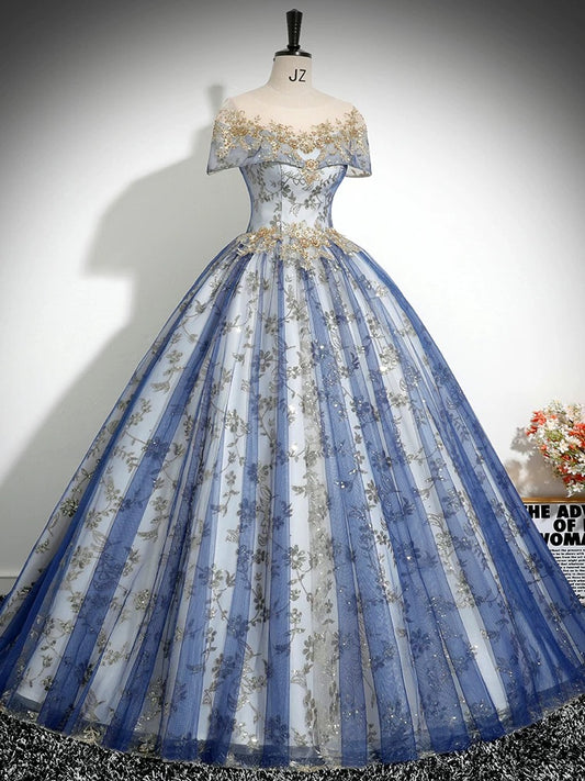 A-Line Round Neck Tulle Sequin Lace Blue Long Prom Dress, Blue Long Formal Dress