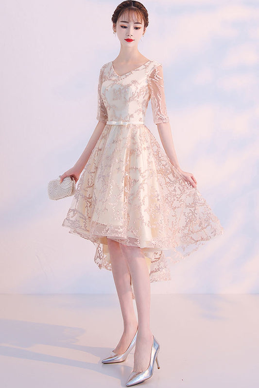 Champagne lace high low prom dress, lace evening dress