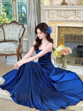 A-Line Sweetheart Neck Velvet Blue Long Prom Dress