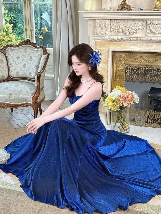 A-Line Sweetheart Neck Velvet Blue Long Prom Dress