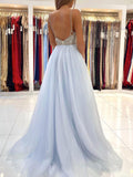 Light blue tulle long prom dress, blue tulle formal dress