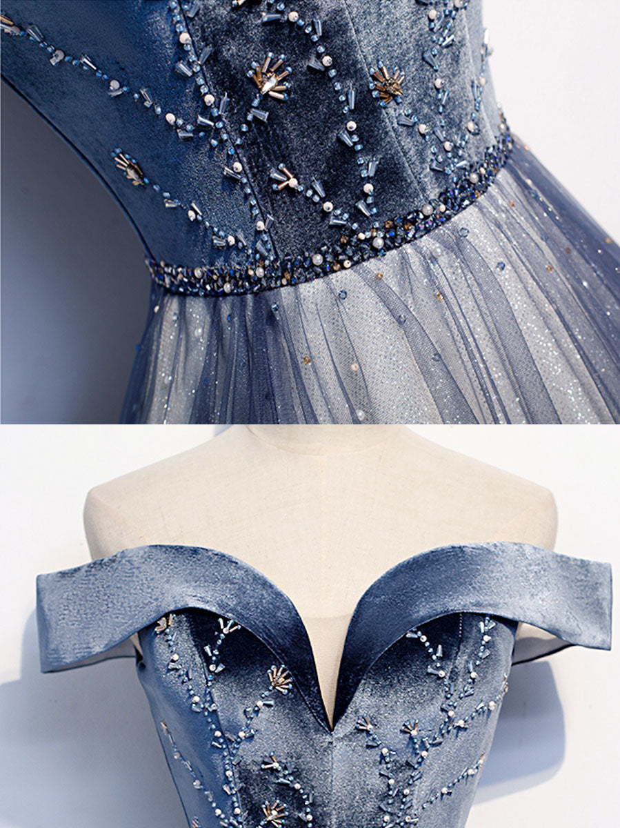 Blue off shoulder tulle long prom dress, blue tulle formal dress