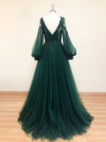Green v neck lace A line long prom dress, green tulle evening dress