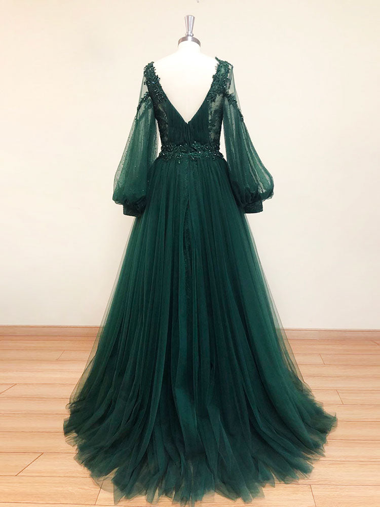 Green v neck lace A line long prom dress, green tulle evening dress