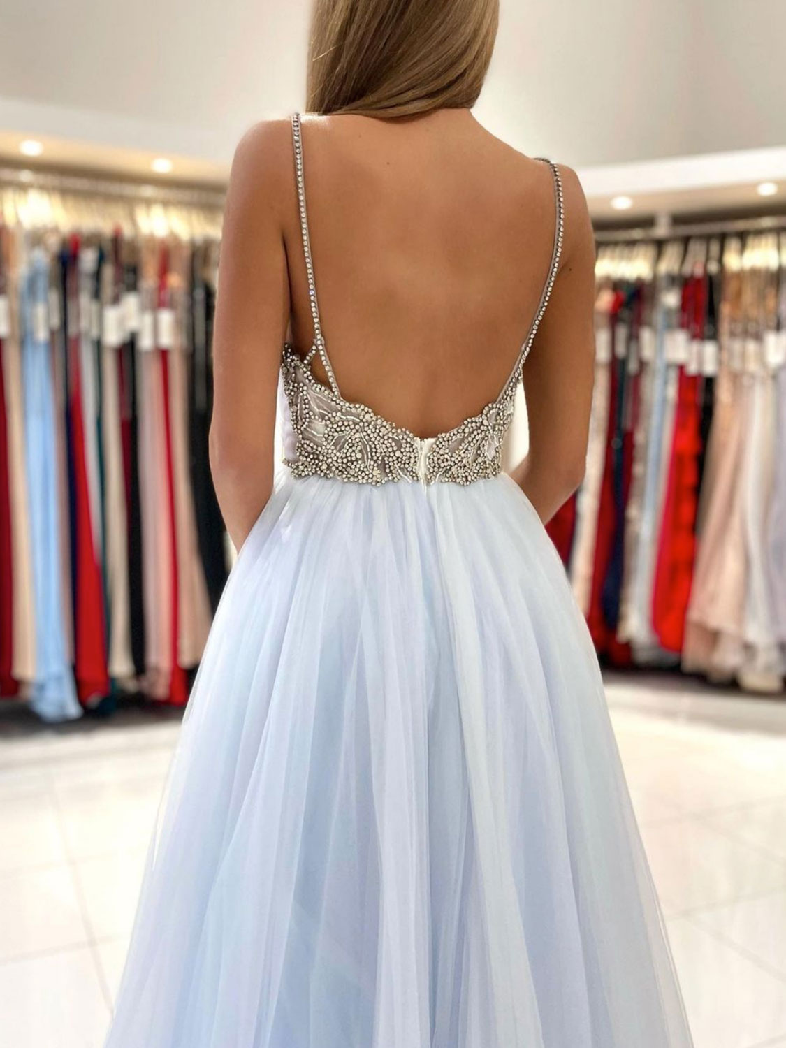 Light blue tulle long prom dress, blue tulle formal dress