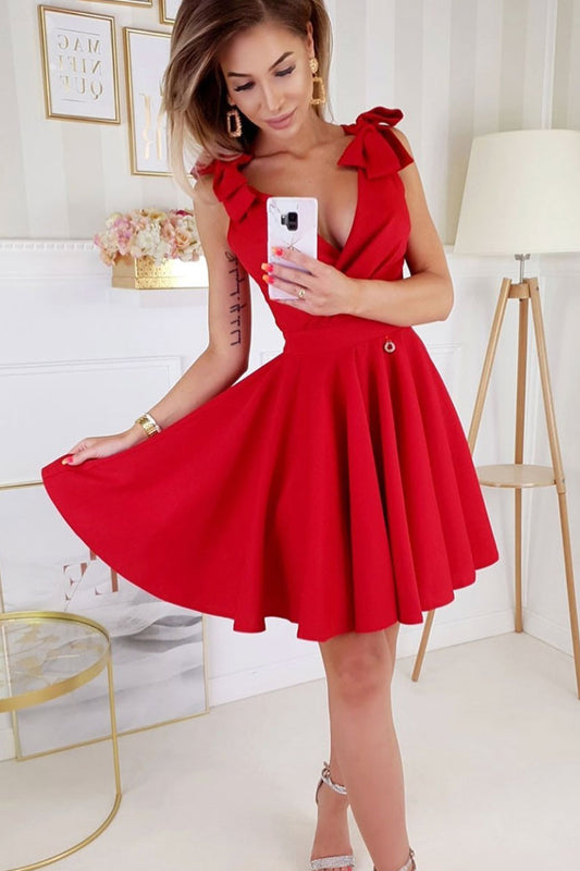 Red v neck satin short prom dress red satin homecoming dress