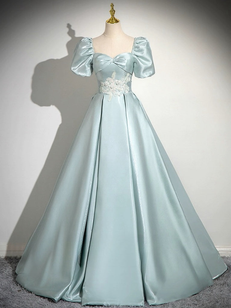 A-Line Sweetheart Neck Puff Sleeves Satin Blue Long Prom Dress, Blue Long Formal Dress