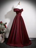 A-Line Off Shoulder Satin Burgundy Long Prom Dress, Burgundy Long Formal Dress