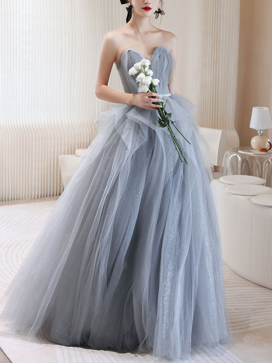 Gray tulle off shoulder long prom dress, gray tulle formal dress