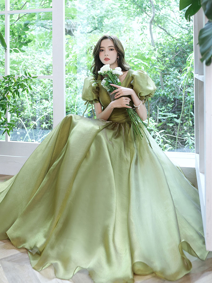 Green tulle long prom dress, green tulle long evening dress