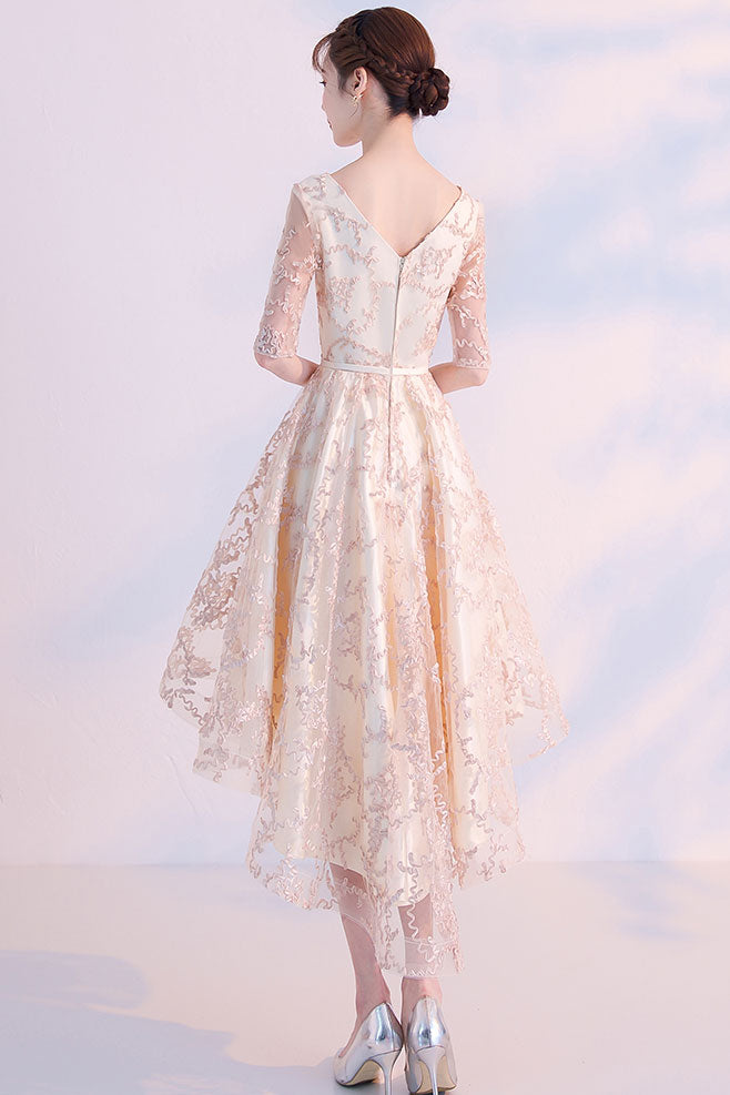 Champagne lace high low prom dress, lace evening dress