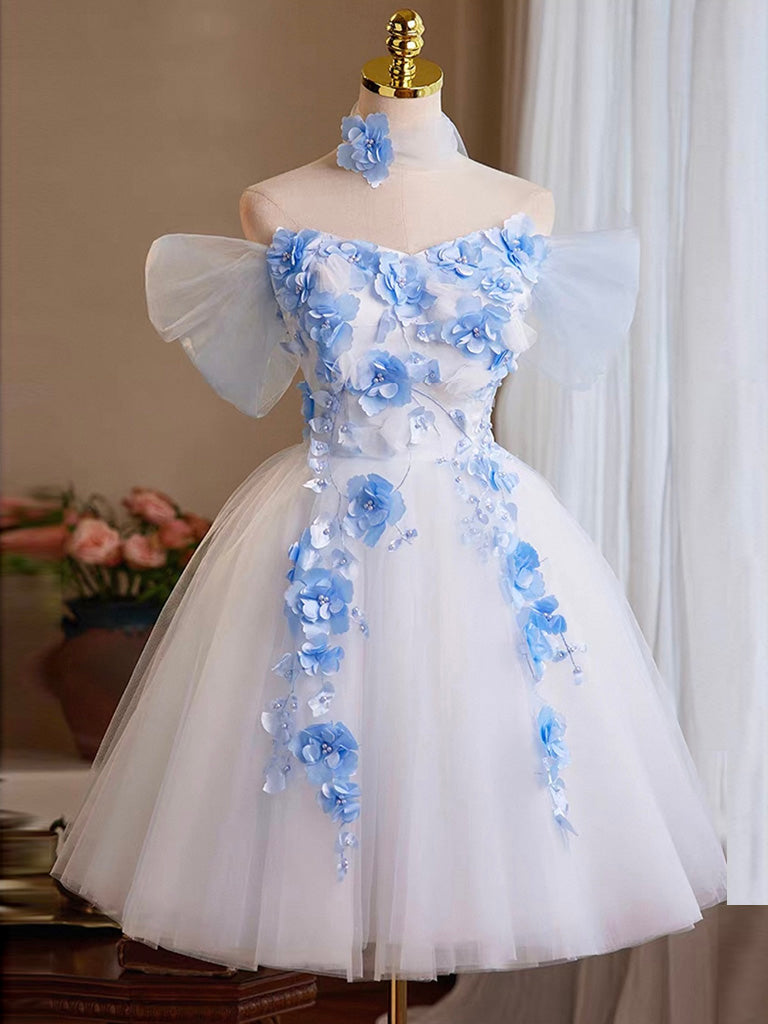 A-Line Off Shoulder Tulle Lace Applique White Prom Dress, White Homecoming Dress