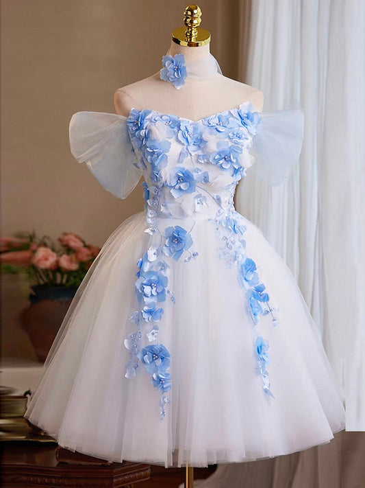 A-Line Off Shoulder Tulle Lace Applique White Prom Dress, White Homecoming Dress