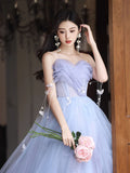 A-Line Sweetheart Neck Tulle Long Prom Dress, Purple Formal Dress