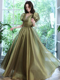 Green tulle long prom dress, green tulle long evening dress