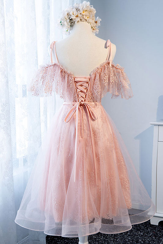 Pink tulle lace short prom dress, pink tulle lace homecoming dress