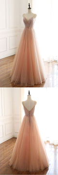 Champagne tulle beads sequin long prom dress, evening dress