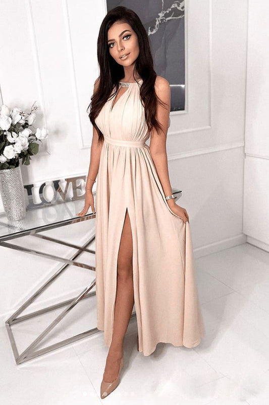 Simple champagne chiffon long prom dress chiffon evening dress