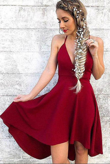 Simple burgundy v neck chiffon short prom dress burgundy cocktail dress